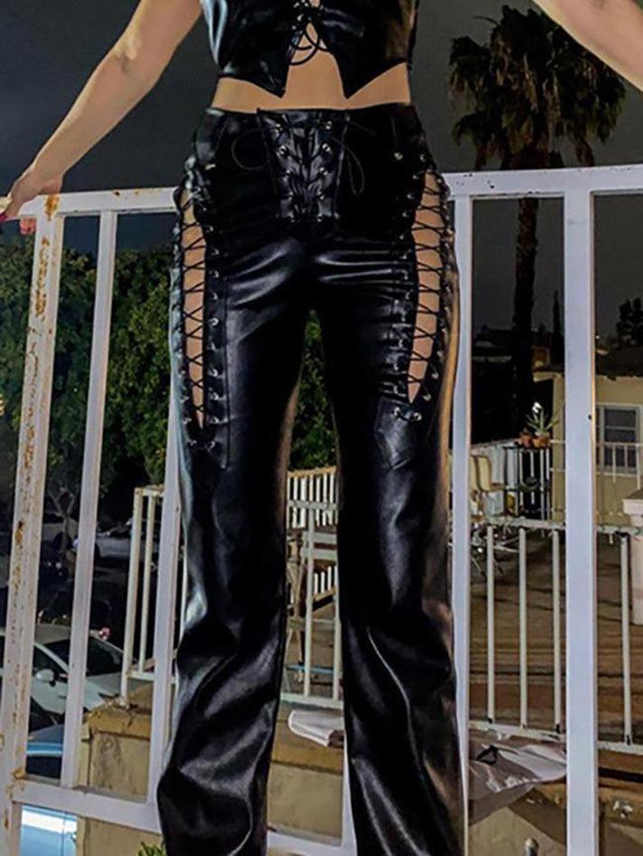 Eveloria Damen PU-Hose Cutout Schnürung