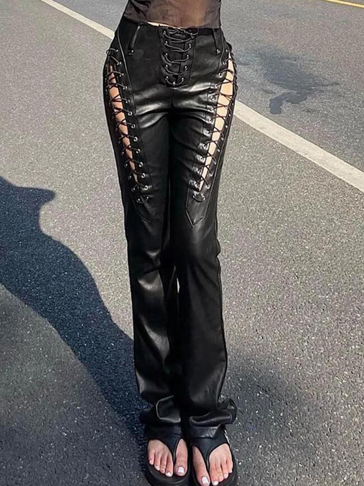 Eveloria Damen PU-Hose Cutout Schnürung
