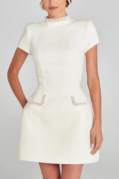 Eveloria Damen Mini Kleid Tweed Kurzarm Perlenbesatz