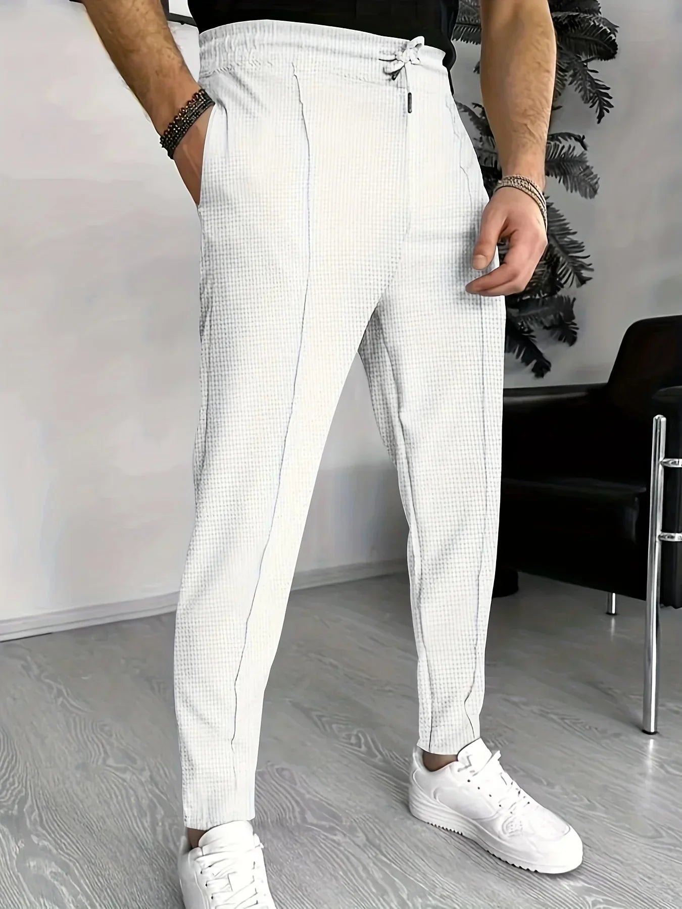 Herren Slim-Fit-Hose Kariert -Weiß
