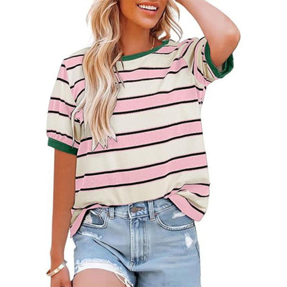Damen T-Shirt Gestreift Rundhals Baumwolle Weiß/