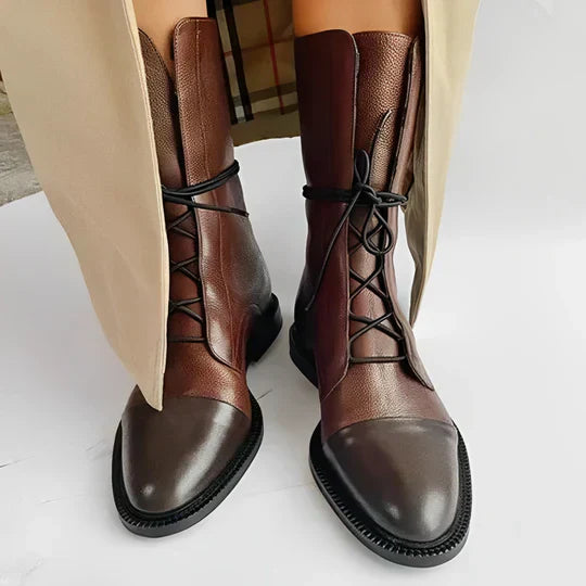 Damen Lederstiefeletten Schnürverschluss Kappenzehen Niedriger