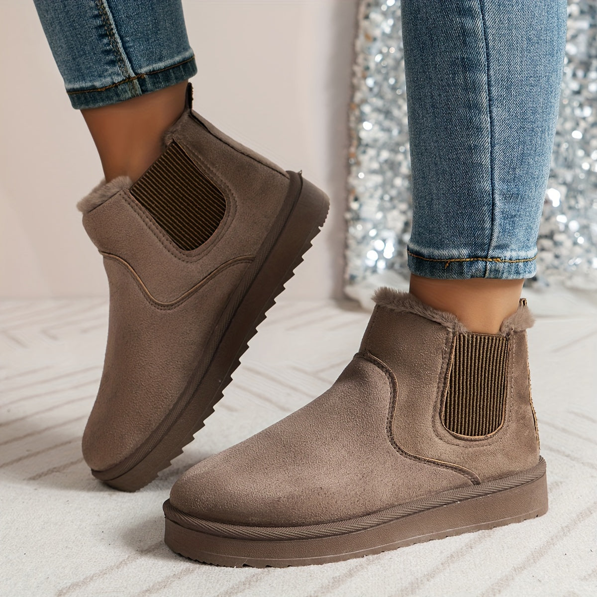 Damen Winterstiefel Slip-On Elastisch Warm Innenfutter Schwarz - Eveloria