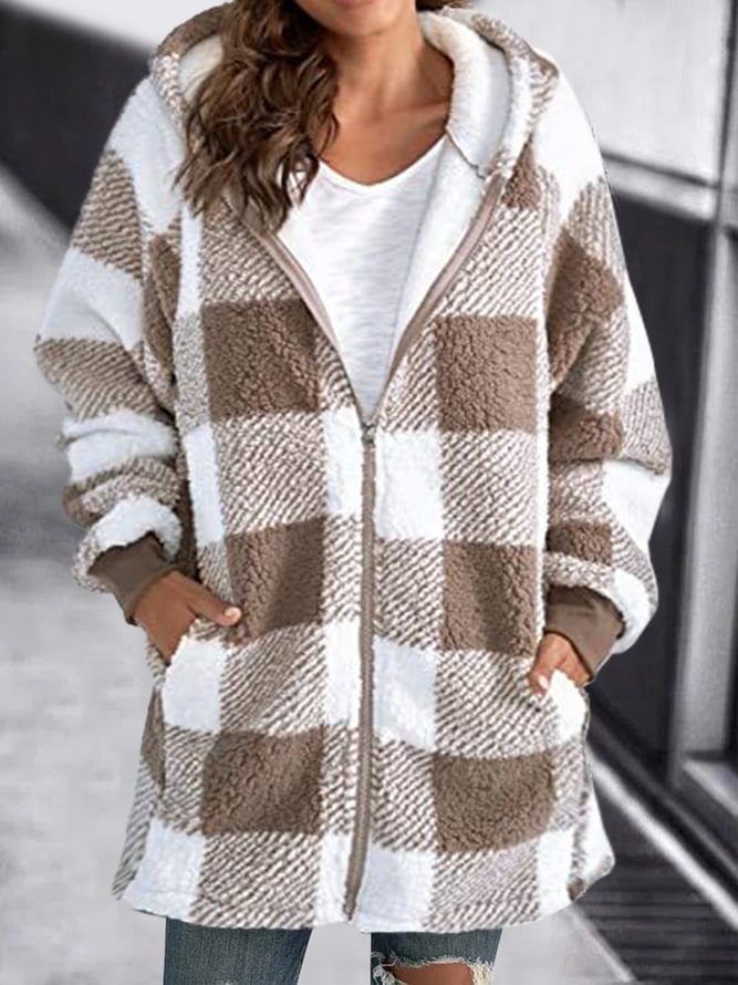 Eveloria Damen Fleece Kapuzenjacke Kariert Weich