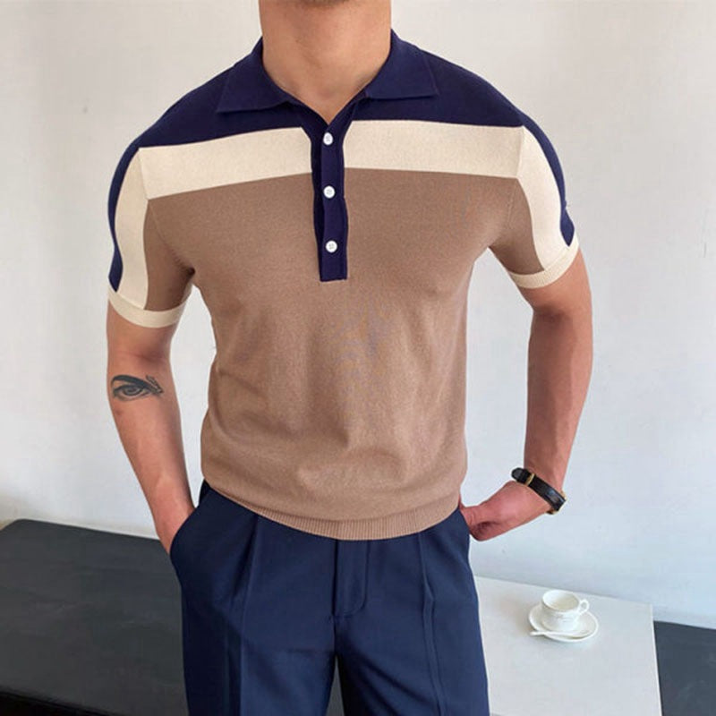 Herren Polo-Shirt Color-Block Baumwolle Blau Weiß - Eveloria