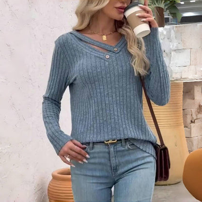 Damen Strickpullover V-Ausschnitt Knopfleiste