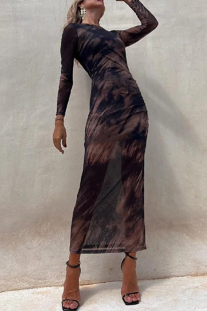Damen Midi Kleid Langarm Rüsch Mesh Stretch Charm Lady Tie Dye