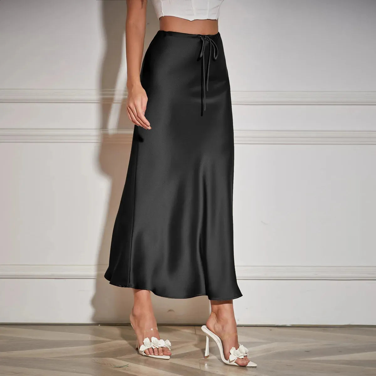 Eveloria Damen Satinrock Hohe Taille Schnürung Braun