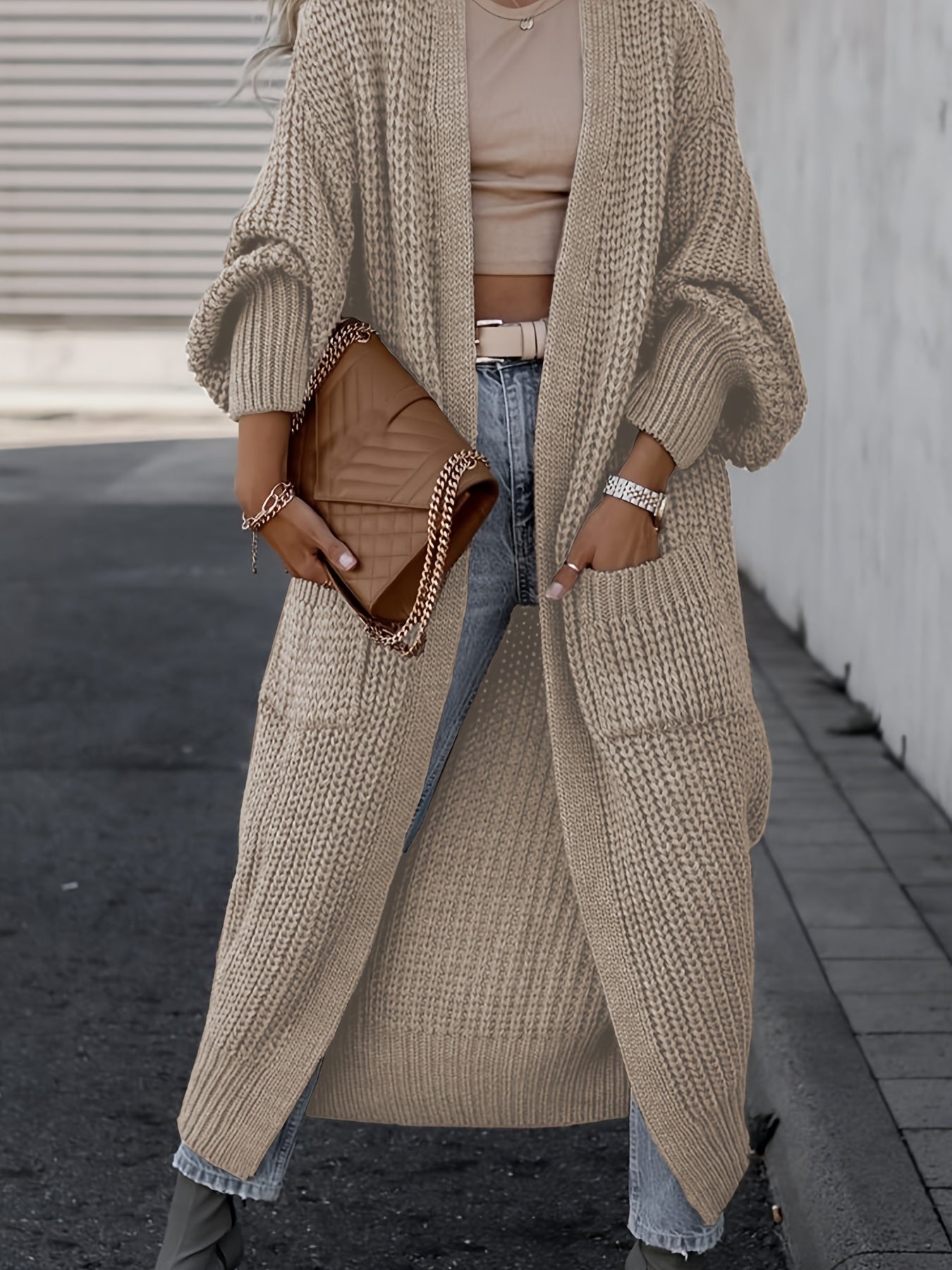 Damen Strickcardigan Wolle Taschen Beige - Eveloria