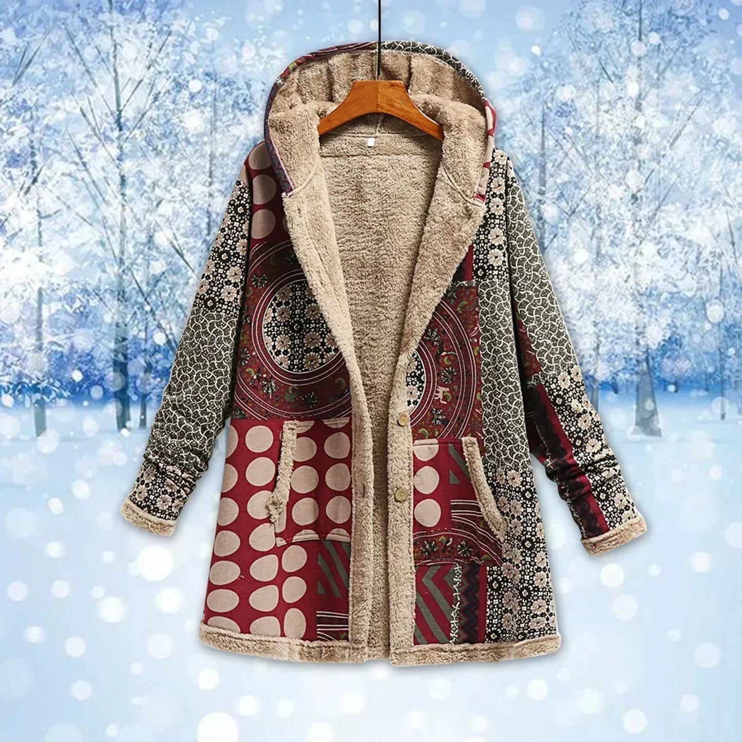 Damen Patchwork Jacke mit Kapuze Fleece