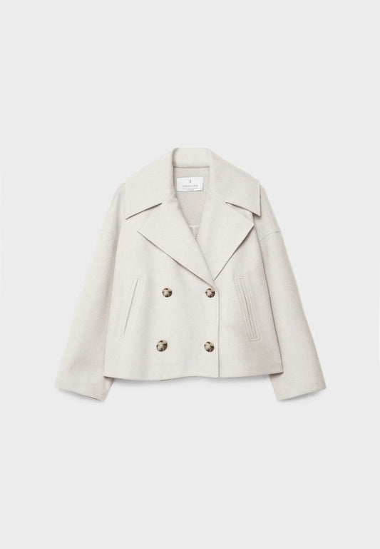 Damen Kurzjacke Reverskragen Doppelreiher Elegante Unifarbe Beige - Eveloria