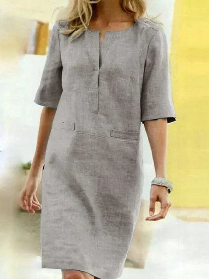 Damen Kurzarm Kleid Baumwolle Leinen Beige