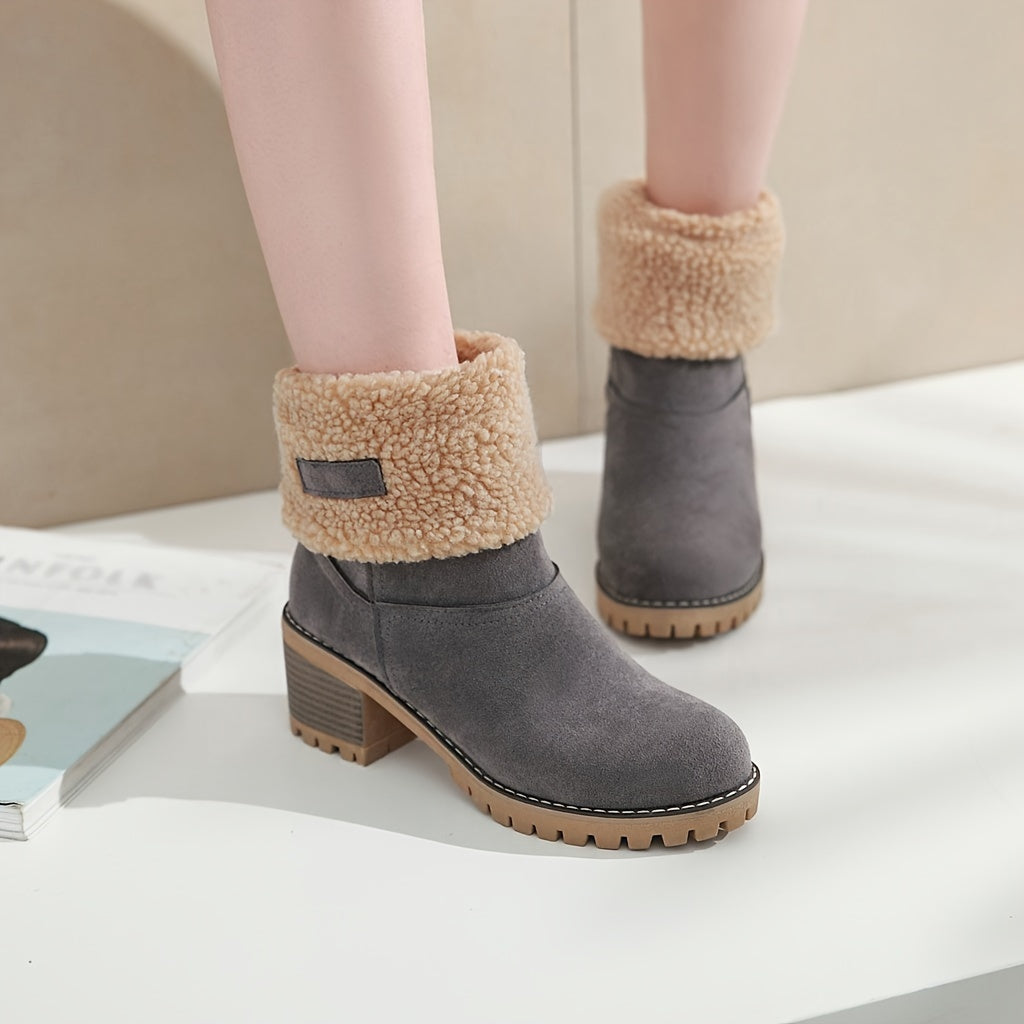 Damen Winterschuhe Slip-On Stiefel Warmfutter Blockabsatz