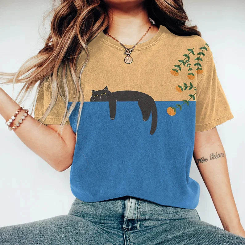 Eveloria Damen T-Shirt Katzen-Motiv Baumwolle