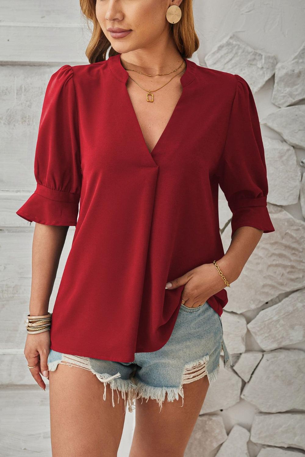 Damen Bluse V-Ausschnitt Puffärmel Elegante Weiß