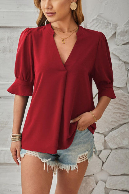 Damen Bluse V-Ausschnitt Puffärmel Elegante Weiß