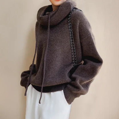 Damen Pullover Weiches Strickmaterial Relaxed Fit Hochkragen Beige - Eveloria