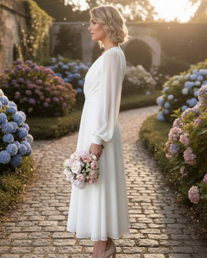 Damen Abendkleid V-Ausschnitt Länge Midi Langärmlig