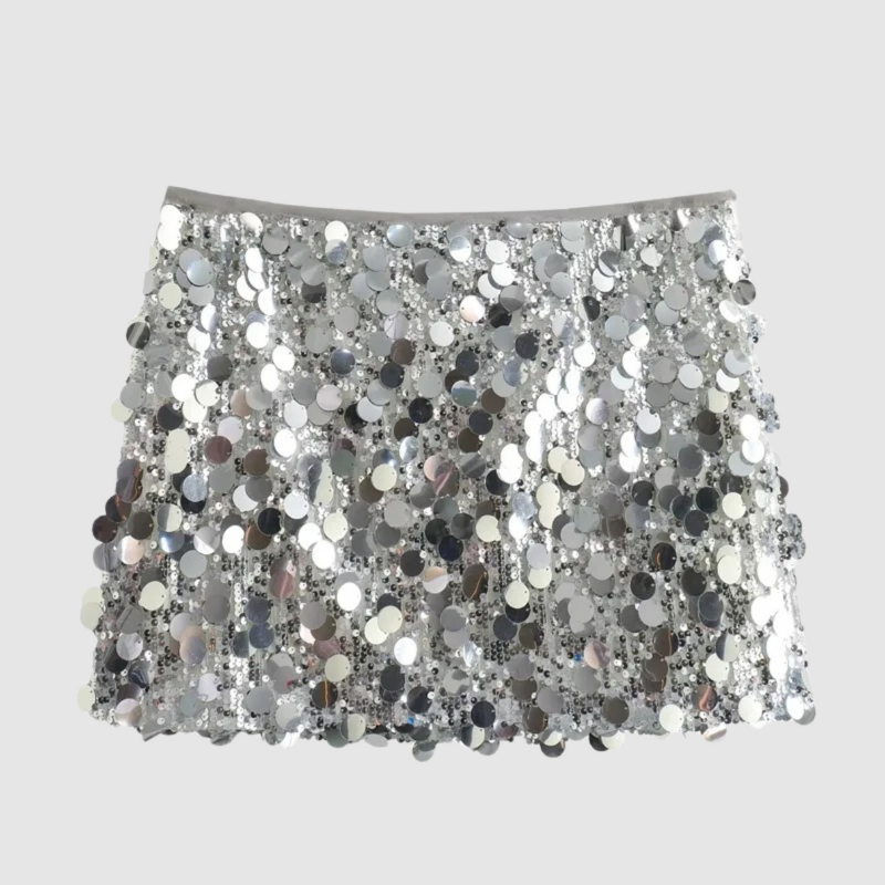 Damen Paillettenrock Silber Kurz - Eveloria