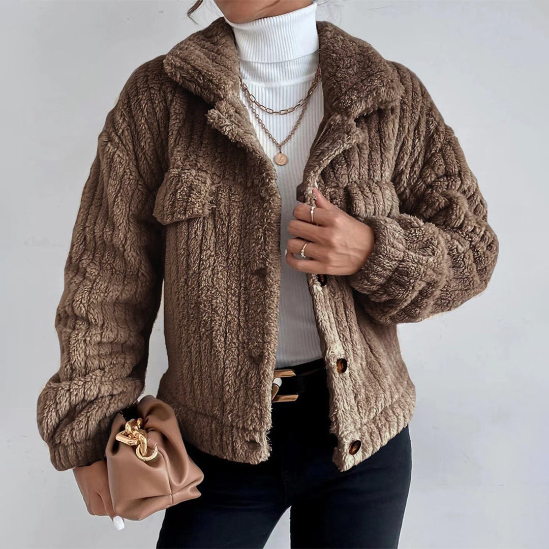 Damen Teddyjacke Kurz Knopfverschluss Reverskragen