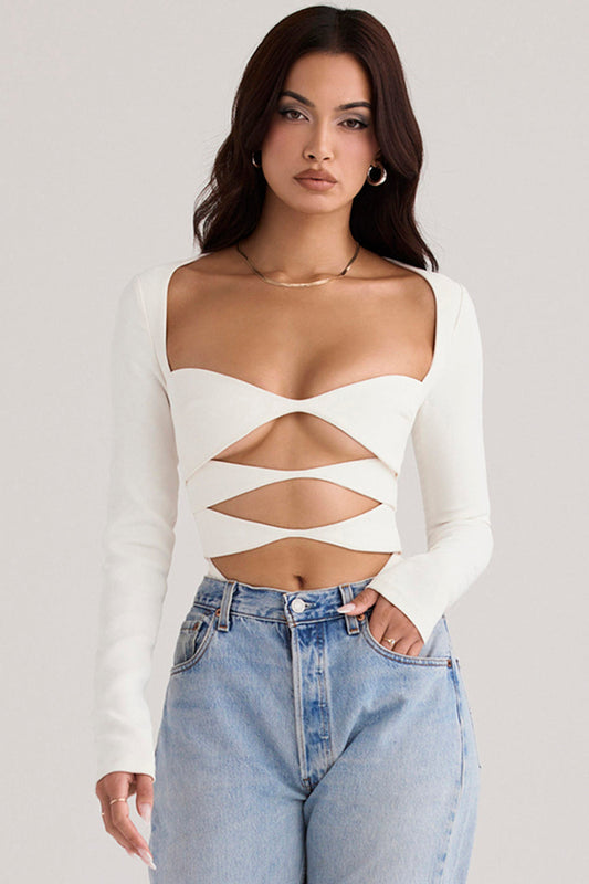 Damen Langarm Crop Weiß V-Ausschnitt - Norvielle