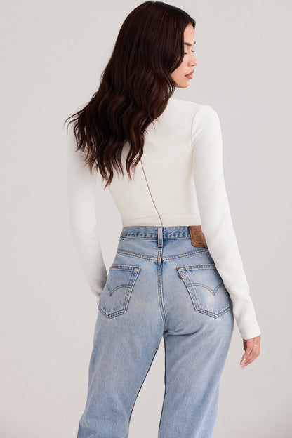 Damen Langarm Crop Weiß V-Ausschnitt