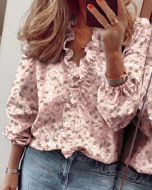 Damen Bluse Rüschen V-Ausschnitt