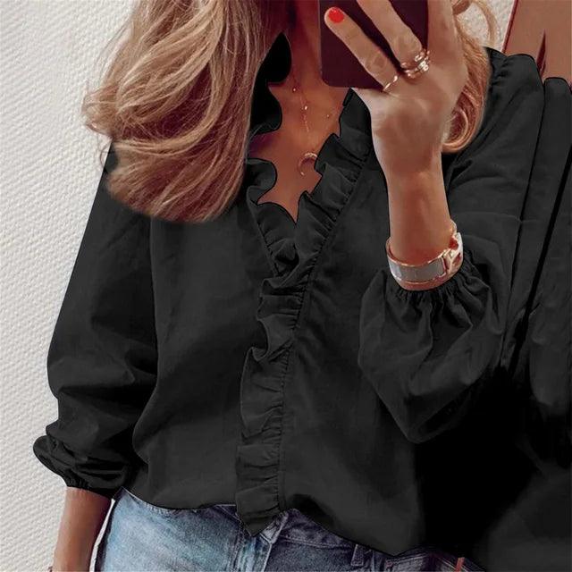Damen Bluse Rüschen V-Ausschnitt