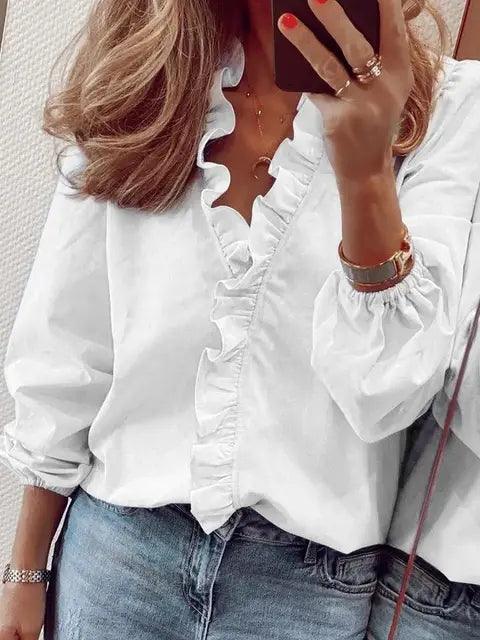 Damen Bluse Rüschen V-Ausschnitt