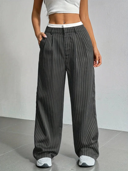 Damen Leinenhose Hochbund Gestreift Weite Sommerhose Beige