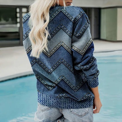 Damen Pullover Zickzack Geo-Print Rundhalsausschnitt
