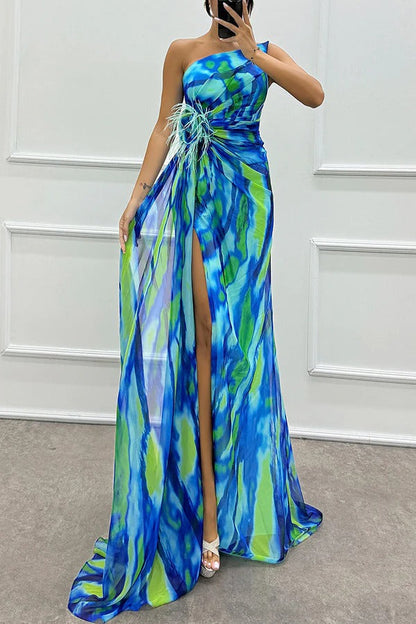 Damen Abendkleid Schulterfrei Maxilänge Hochschlitz - Eveloria