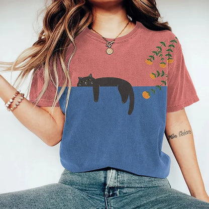 Eveloria Damen T-Shirt Katzen-Motiv Baumwolle