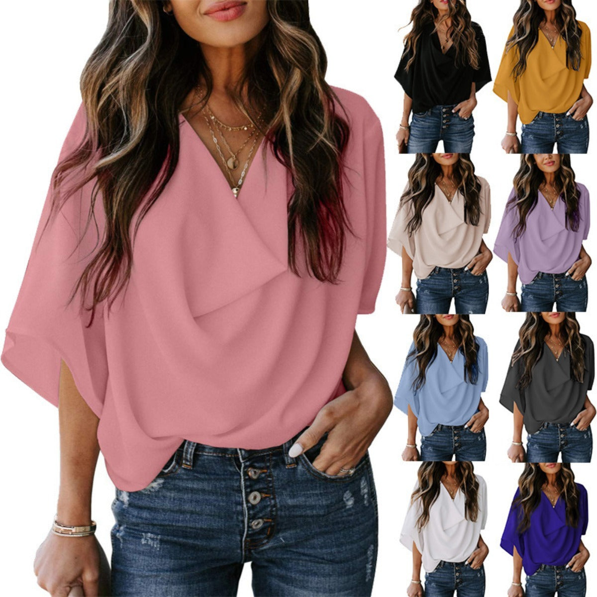Damen Chiffonhemd V-Ausschnitt - Eveloria