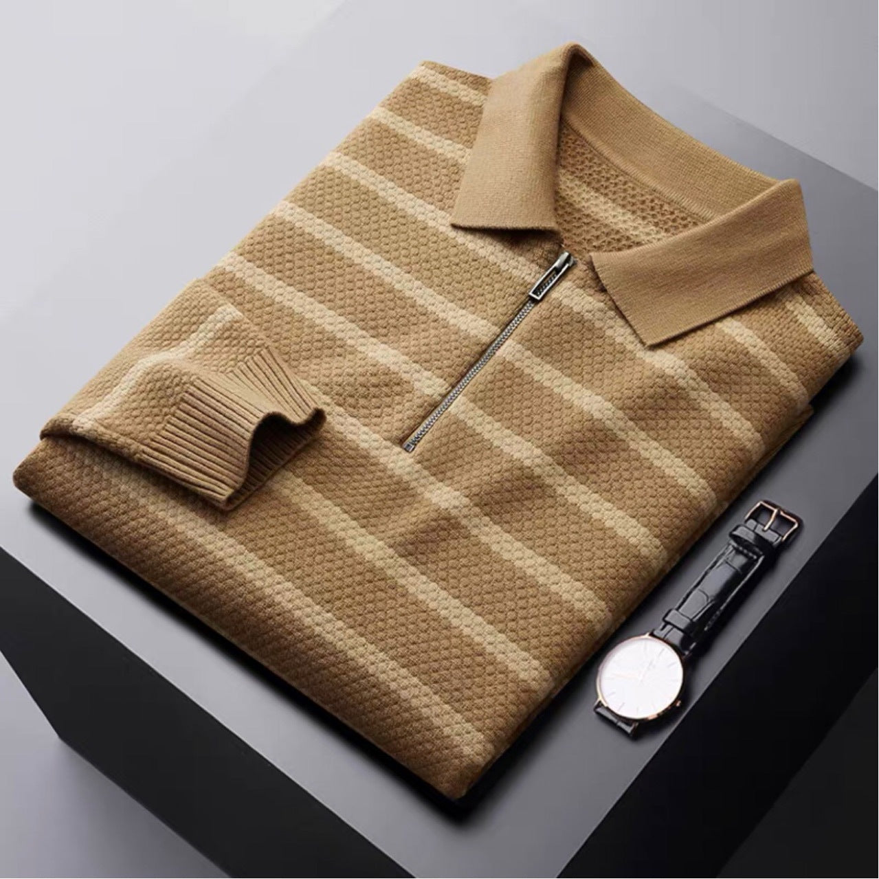 Herren Polo-Shirt Gestreift Viertel-Reißverschluss Strick