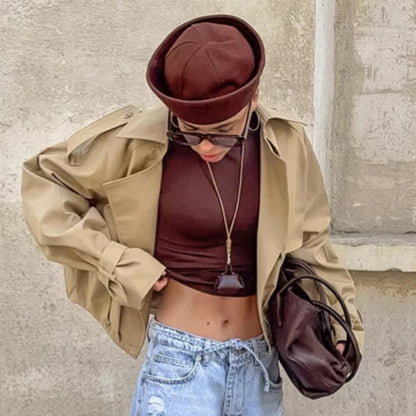 Damen Kurz-Trenchcoat Khaki Breiter Kragen