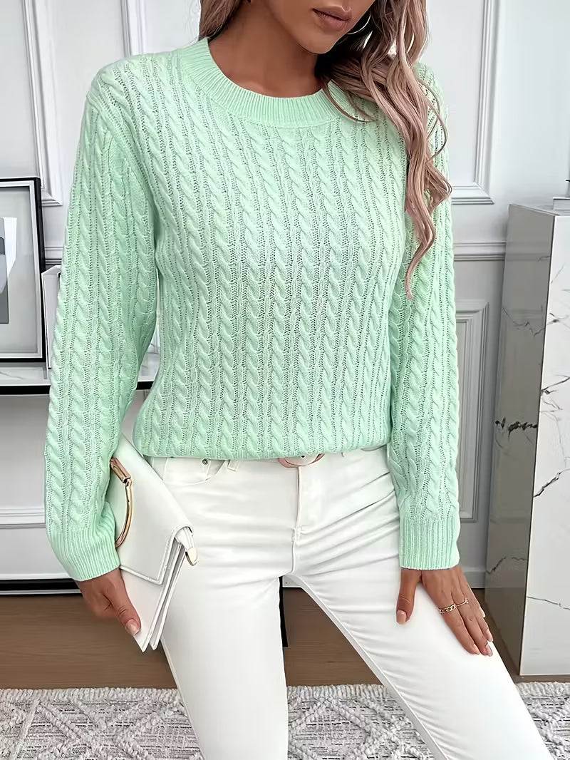Damen Strickpullover Zopfmuster Winterweiß