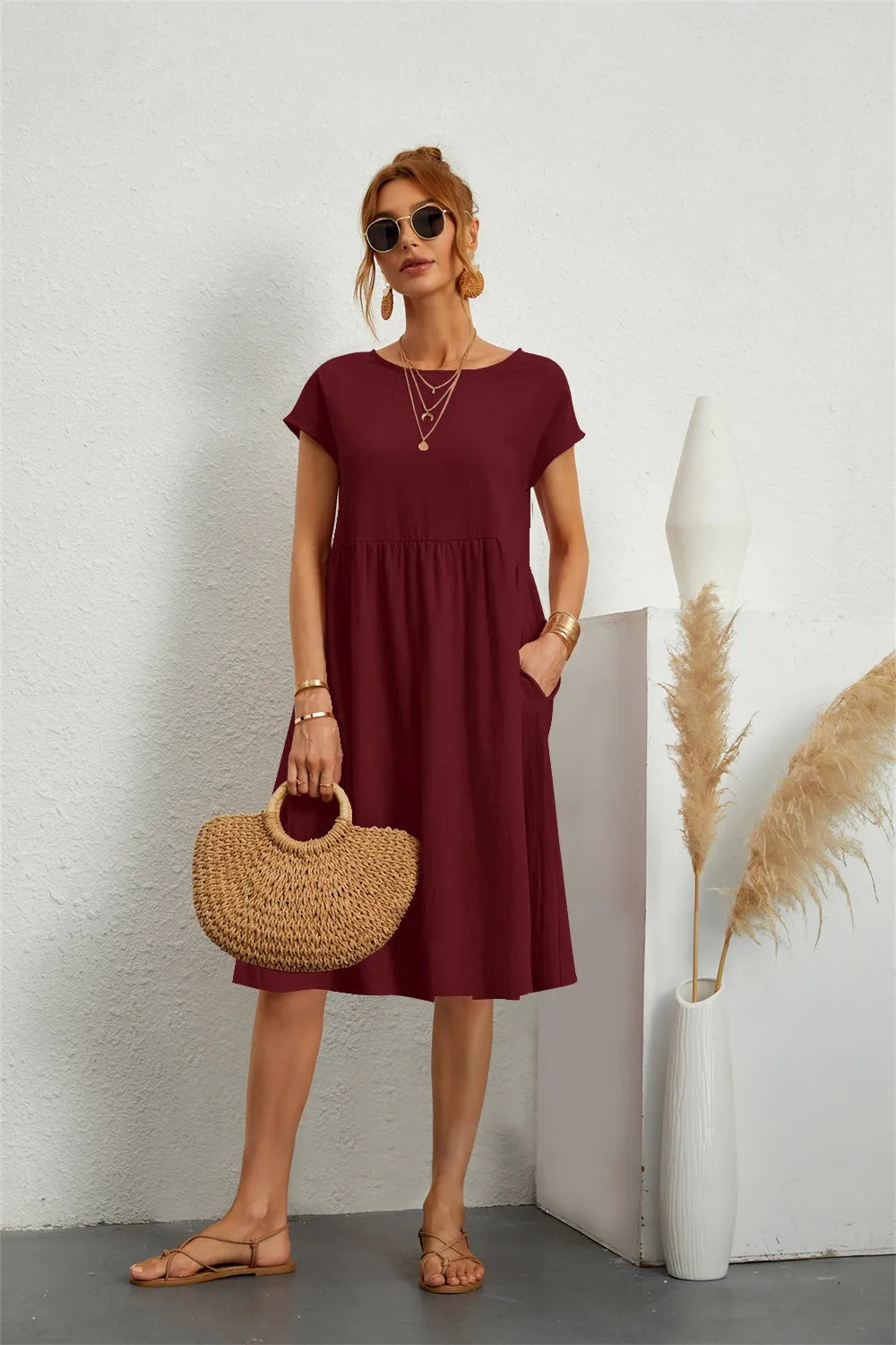 Damen Sommerkleid Kurzarm Locker Geschnitten Elegant Beige