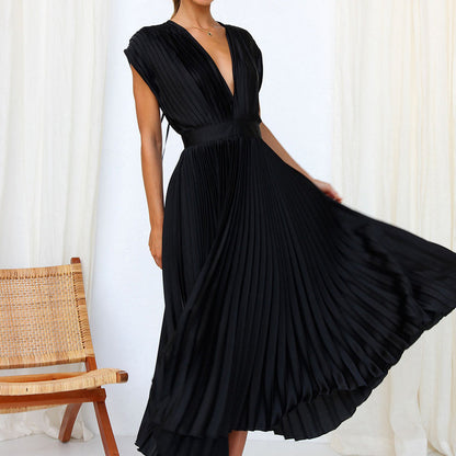 Damen Maxi Abendkleid V-Ausschnitt Plissiert