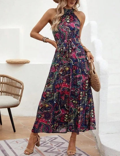Damen Maxi-Kleid Retro-Halterneck Vintage-Look