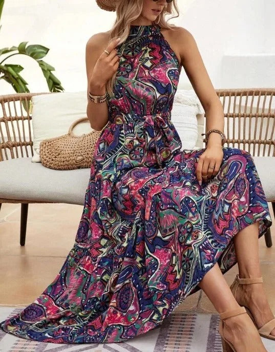 Damen Maxi-Kleid Retro-Halterneck Vintage-Look