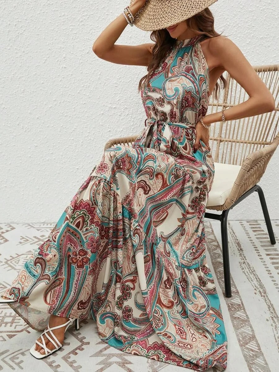 Damen Maxi-Kleid Retro-Halterneck Vintage-Look