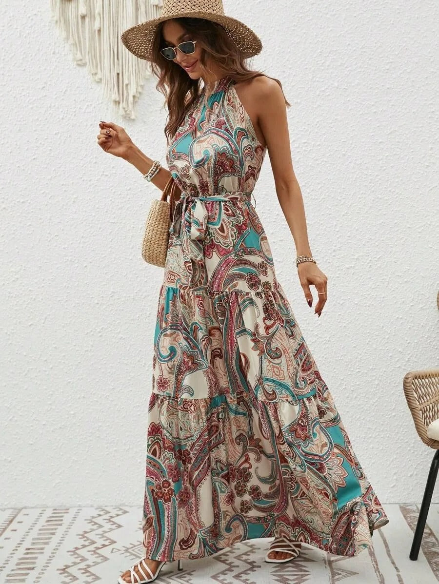 Damen Maxi-Kleid Retro-Halterneck Vintage-Look