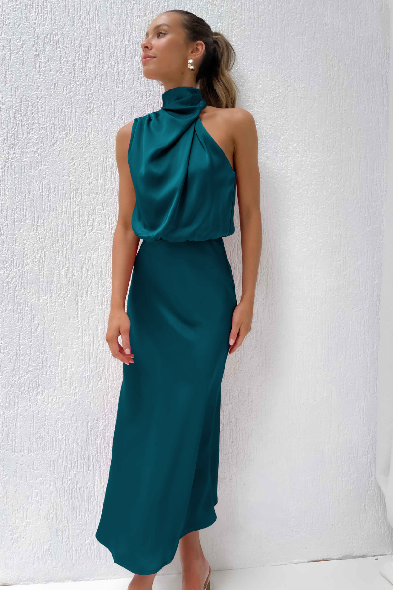 Eveloria Damen Midi Kleid Asymmetrischer Rundhalsausschnitt