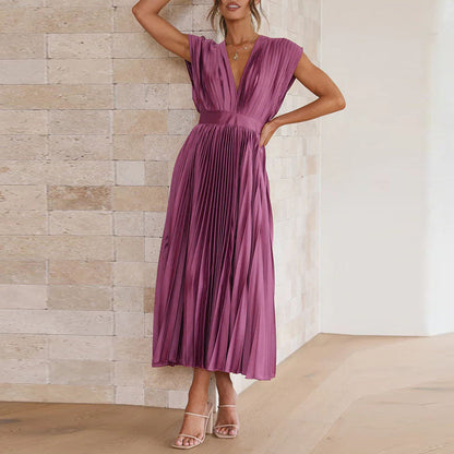 Damen Maxi Abendkleid V-Ausschnitt Plissiert