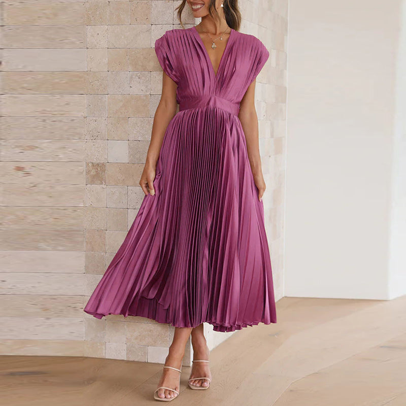 Damen Maxi Abendkleid V-Ausschnitt Plissiert