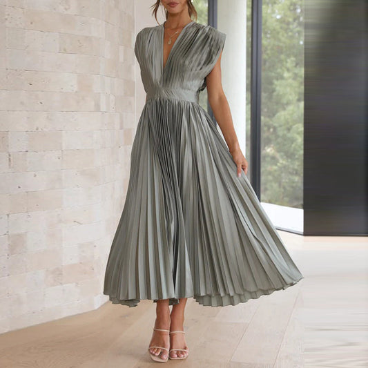 Damen Maxi Abendkleid V-Ausschnitt Plissiert Schwarz - Eveloria