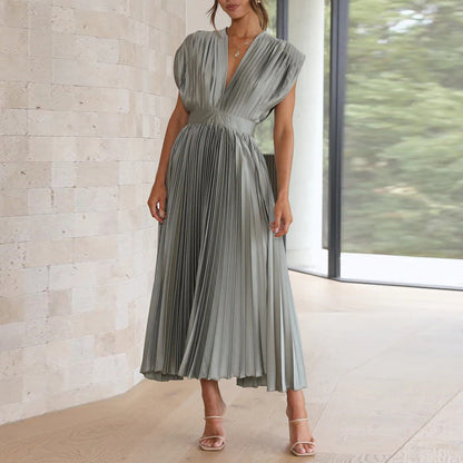 Damen Maxi Abendkleid V-Ausschnitt Plissiert