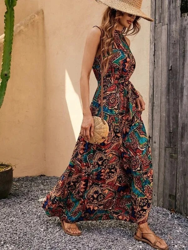 Damen Maxi-Kleid Retro-Halterneck Vintage-Look