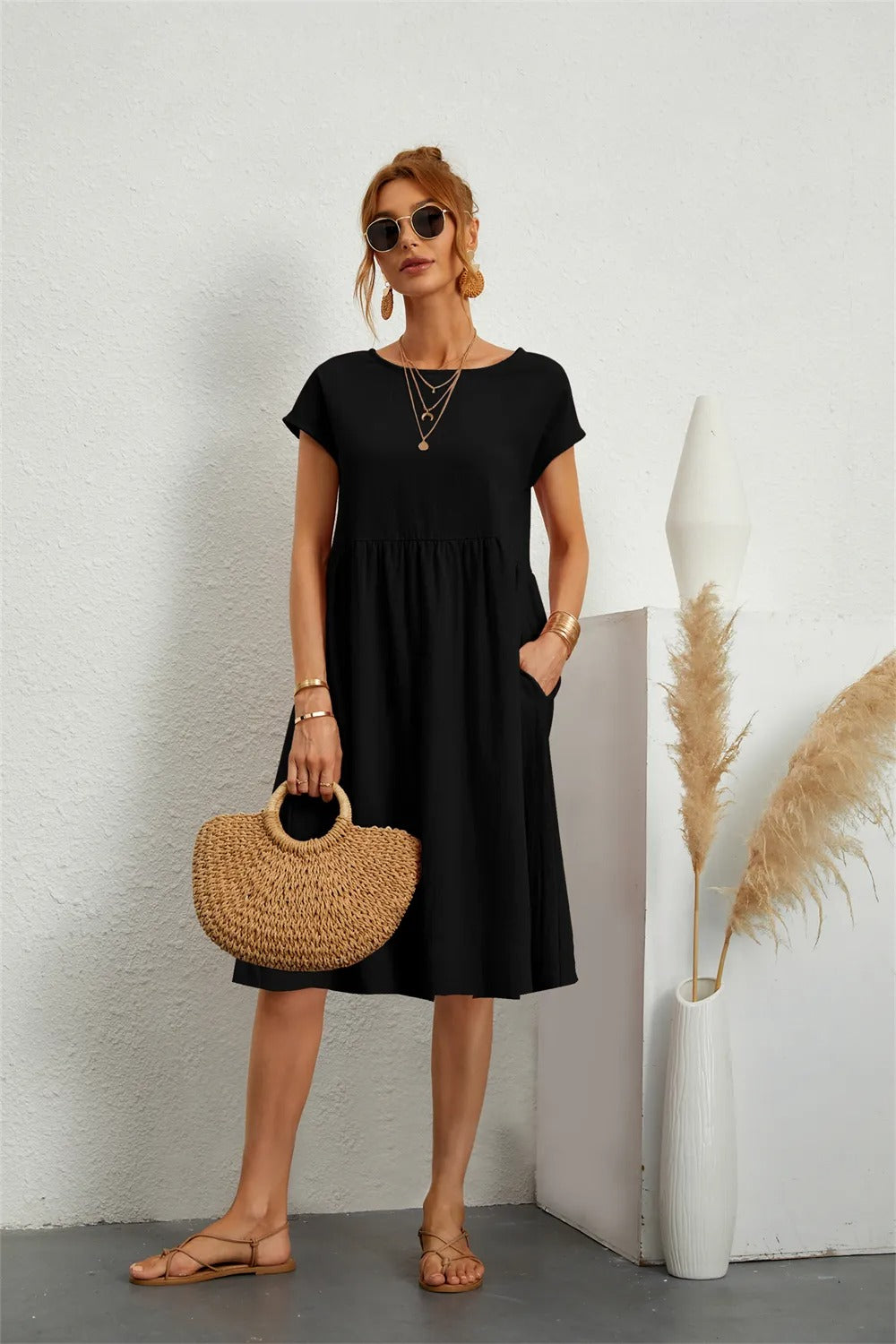 Damen Kurzarm Midikleid Mit Taschen